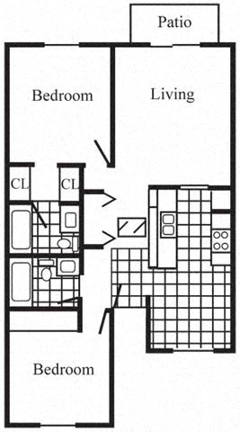 Floor plan for 2 beds, 2 baths, 968 sqft