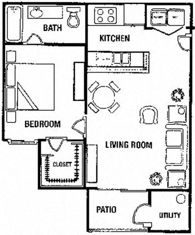 Floor plan for 1 bed, 1 bath, 702 sqft