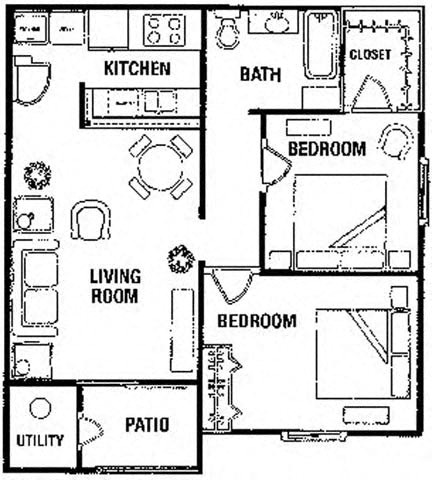 Floor plan for 2 beds, 1 bath, 818 sqft