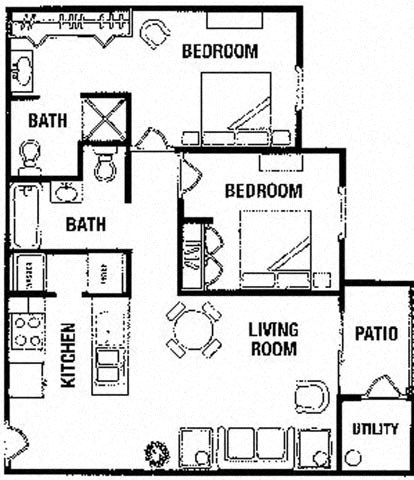 Floor plan for 2 beds, 2 baths, 910 sqft