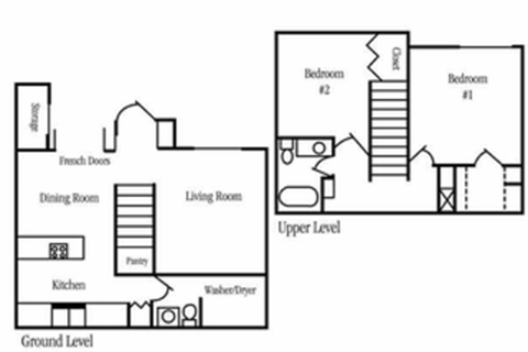 Floor plan for 2 beds, 1.5 baths, 919 sqft
