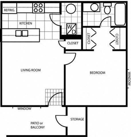 Floor plan for 1 bed, 1 bath, 607 sqft