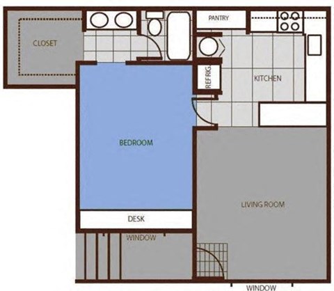 Floor plan for 1 bed, 1 bath, 625 sqft