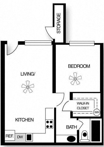 Floor plan for 1 bed, 1 bath, 498 sqft