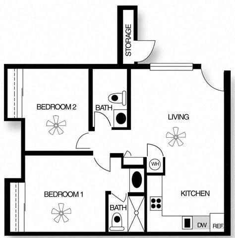 Floor plan for 2 beds, 2 baths, 675 sqft