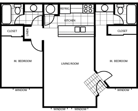 Floor plan for 2 beds, 2 baths, 754 sqft