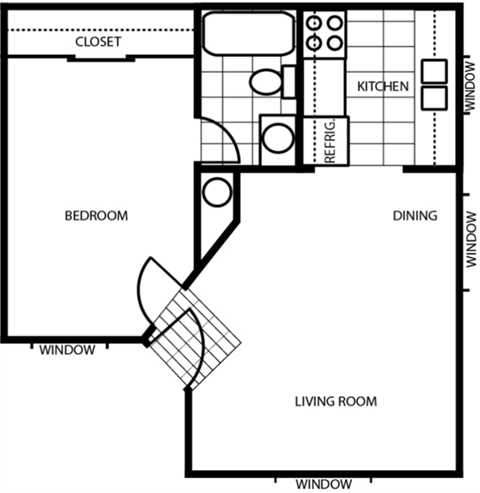 Floor plan for 1 bed, 1 bath, 530 sqft