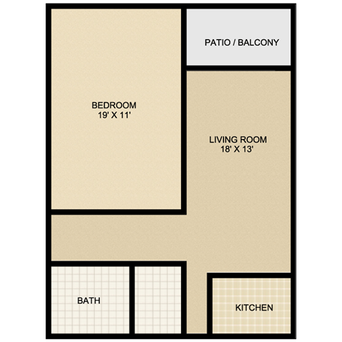 Floor plan for 1 bed, 1 bath, 750 sqft