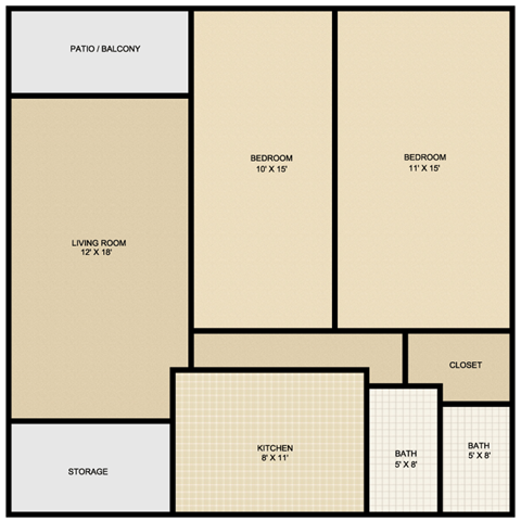 Floor plan for 2 beds, 2 baths, 950 sqft