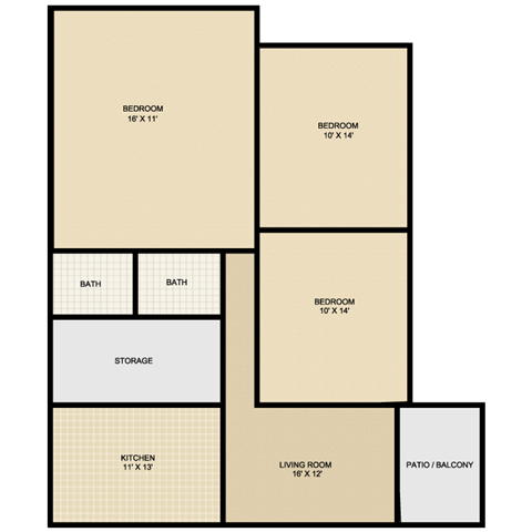 Floor plan for 3 beds, 2 baths, 1050 sqft