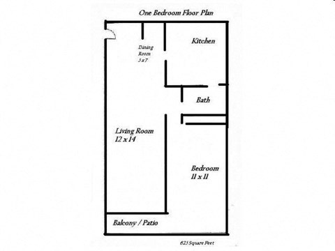 Floor plan for 1 bed, 1 bath, 625 sqft