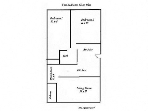 Floor plan for 2 beds, 1 bath, 850 sqft