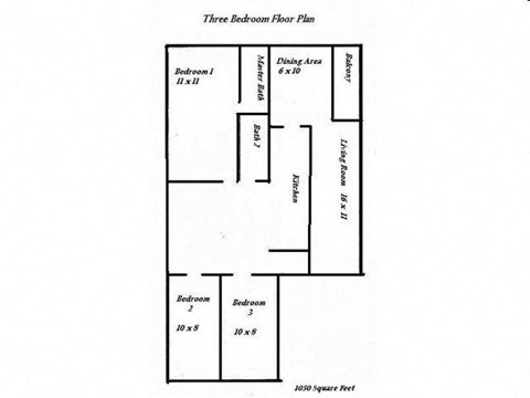 Floor plan for 3 beds, 1.5 baths, 1050 sqft