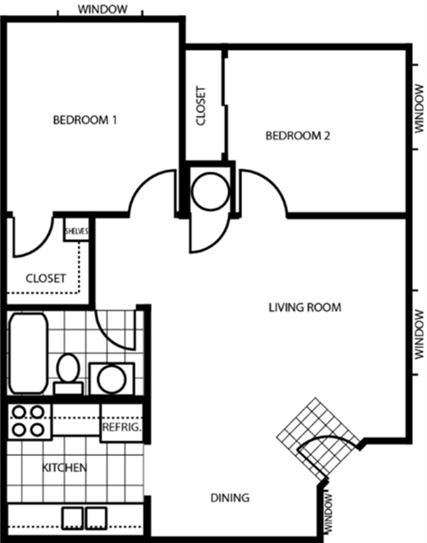 Floor plan for 2 beds, 1 bath, 675 sqft