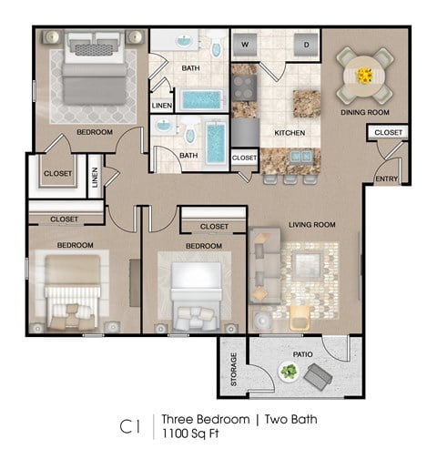 Floor plan for 3 beds, 2 baths, 1100 sqft