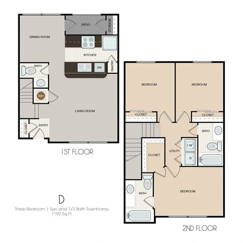 Floor plan for 3 beds, 2.5 baths, 1192 sqft