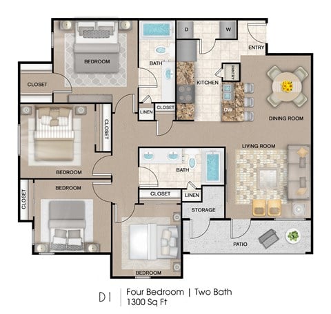 Floor plan for 4 beds, 2 baths, 1300 sqft