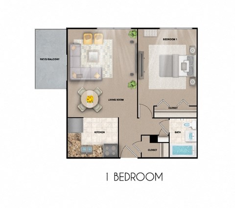 Floor plan for 1 bed, 1 bath, 585 sqft