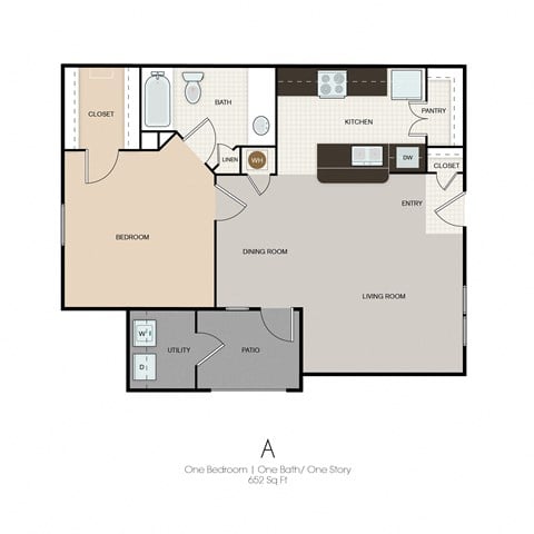 Floor plan for 1 bed, 1 bath, 652 sqft