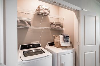 A small laundry room with a washer and dryer