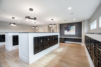 A modern kitchen with wooden floors and black cabinets
