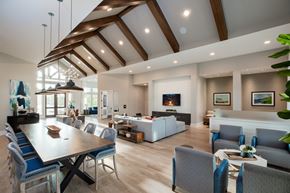 Houston apartment for rent - A modern dining room with a long table and chairs at 55 Fifty at Northwest Crossing, Houston, TX 77092