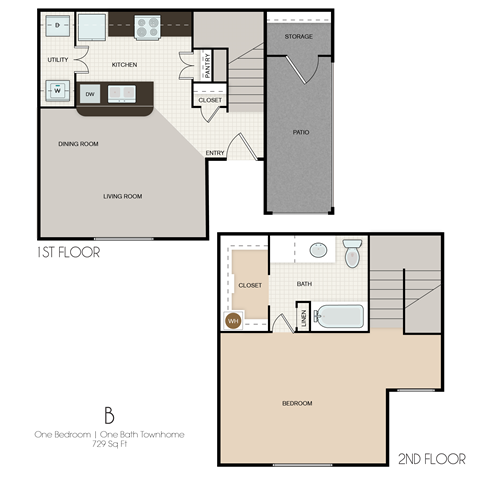 Floor plan for 1 bed, 1.5 baths, 729 sqft