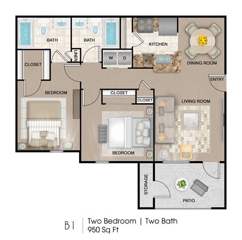 Floor plan for 2 beds, 2 baths, 950 sqft