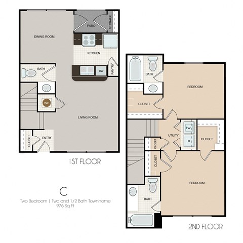Floor plan for 2 beds, 2.5 baths, 976 sqft