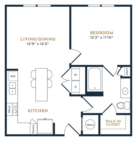 Floor plan for 1 bed, 1 bath, 682 sqft