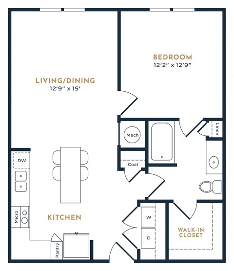 Floor plan for 1 bed, 1 bath, 777 sqft