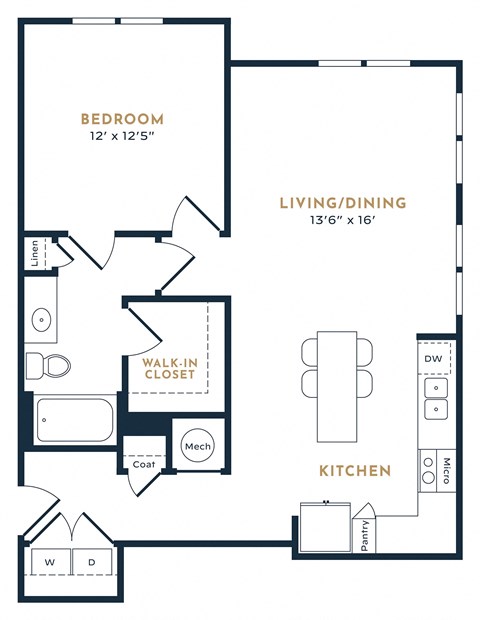 Floor plan for 1 bed, 1 bath, 837 sqft
