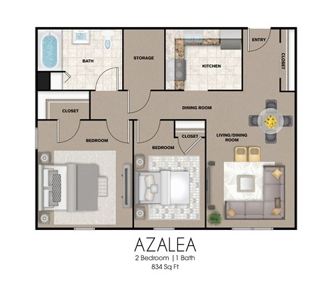 Floor plan for 2 beds, 1 bath, 834 sqft