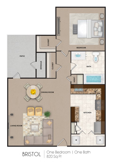 Floor plan for 1 bed, 1 bath, 820 sqft