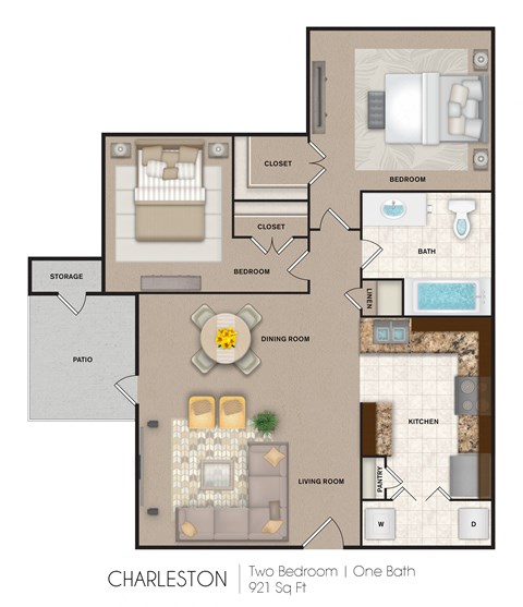 Floor plan for 2 beds, 1 bath, 921 sqft