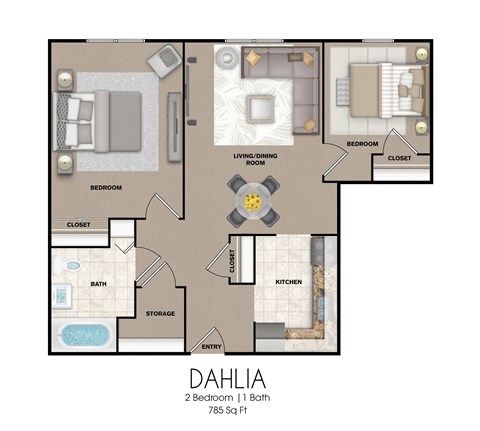 Floor plan for 2 beds, 1 bath, 785 sqft