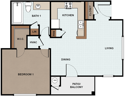 Floor plan for 1 bed, 1 bath, 600 sqft