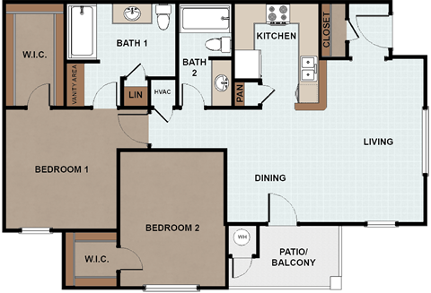 Floor plan for 2 beds, 2 baths, 900 sqft