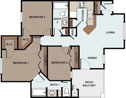 Floor plan for 3 beds, 2 baths, 1100 sqft