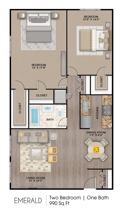 Floor plan for 2 beds, 1 bath, 990 sqft
