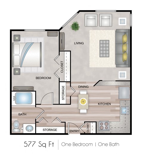 Floor plan for 1 bed, 1 bath, 577 sqft