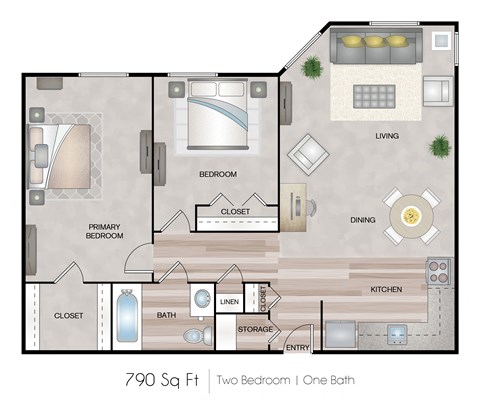 Floor plan for 2 beds, 1 bath, 790 sqft