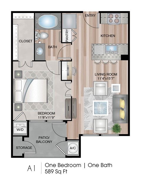 Floor plan for 1 bed, 1 bath, 589 sqft