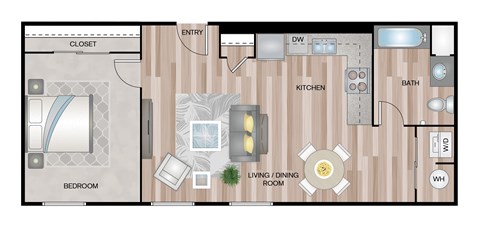 Floor plan for 1 bed, 1 bath, 716 sqft