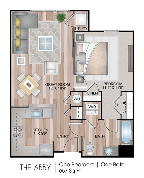 Floor plan for 1 bed, 1 bath, 688 sqft