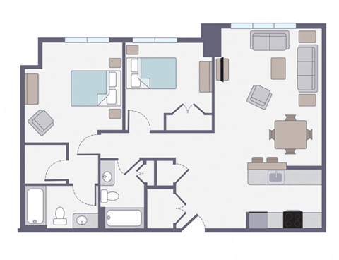 Floor plan for 2 beds, 1 bath, 888 sqft