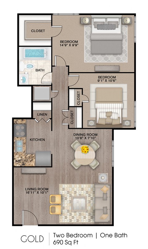 Floor plan for 2 beds, 1 bath, 690 sqft