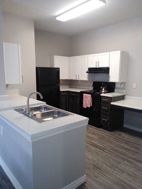 San Antonio apartment for rent - a kitchen with black appliances and white cabinets