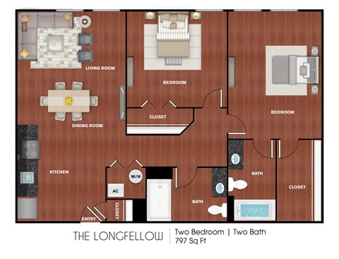 Floor plan for 2 beds, 2 baths, 797 sqft