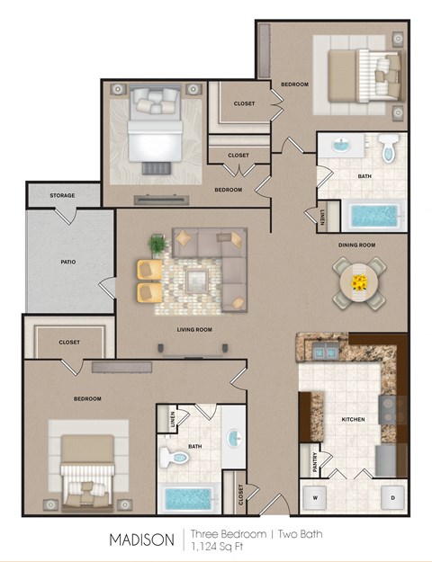 Floor plan for 3 beds, 2 baths, 1124 sqft